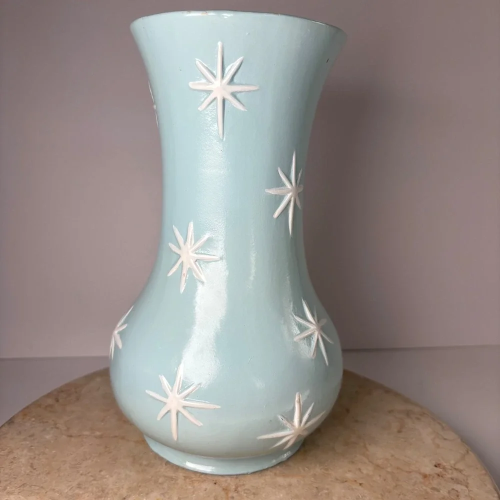 VTG Ceramic Vase 9.5in Blue Mid Century Modern Raised Atomic Starburst Hourglass